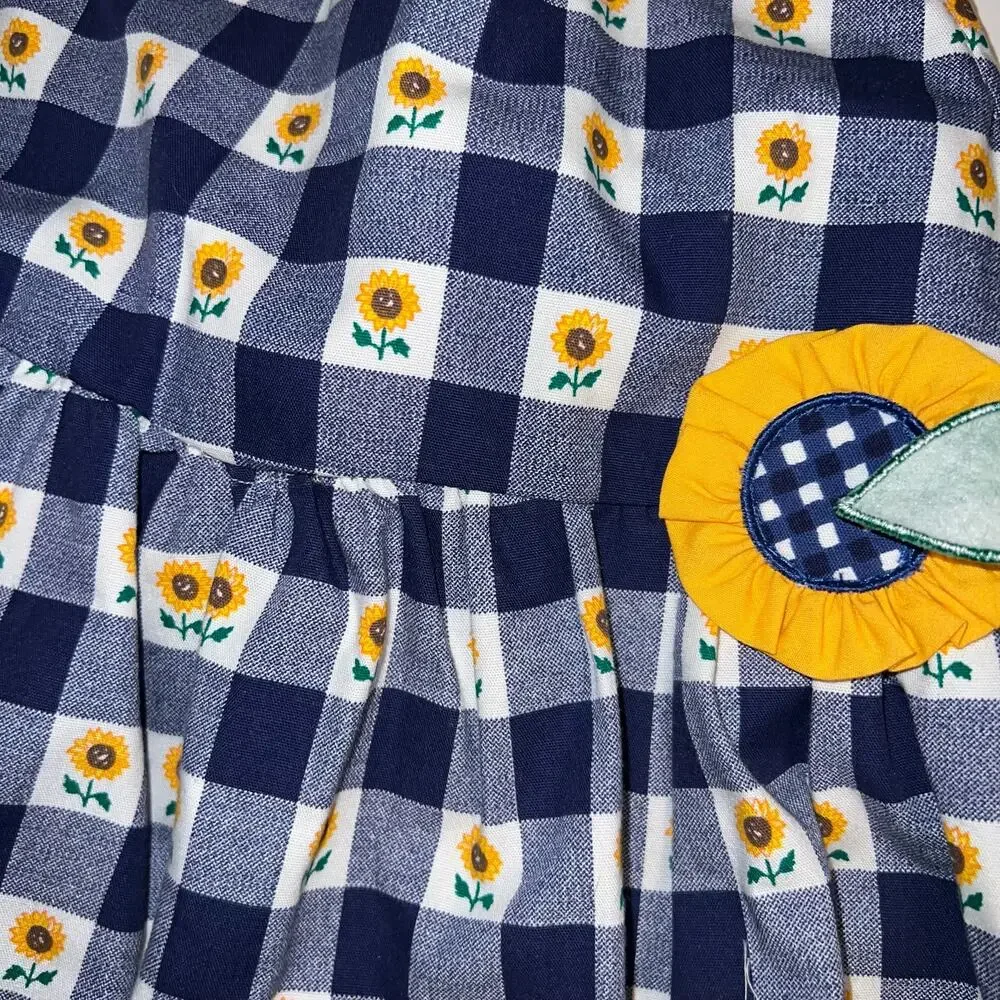 Vintage sunflower fall gingham navy blue and white girls dress tie in back Sz 4